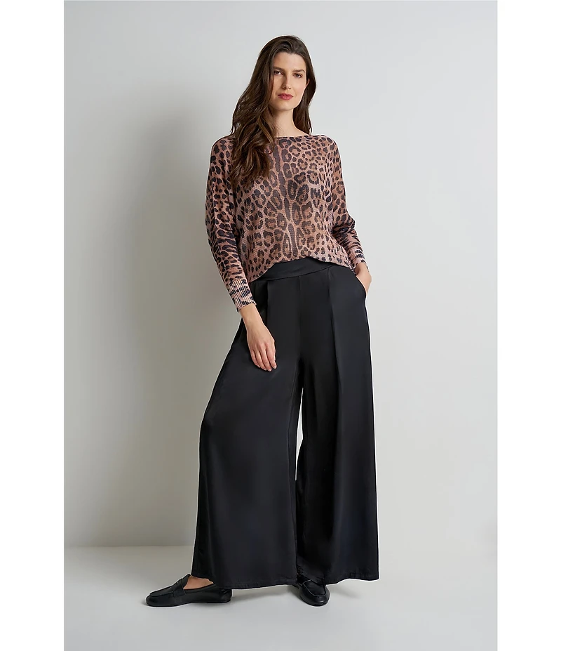 M Made in Italy Leopard Print Boat Neck Long Sleeve Knit Top