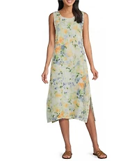 M Made In Italy Linen All Over Print Scoop Neck Sleeveless A-Line Midi Dress