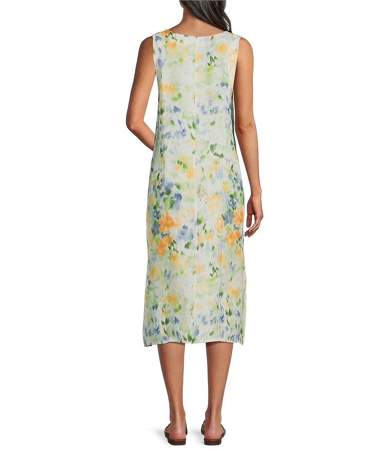 M Made In Italy Linen All Over Print Scoop Neck Sleeveless A-Line Midi Dress