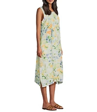 M Made In Italy Linen All Over Print Scoop Neck Sleeveless A-Line Midi Dress