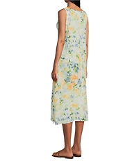 M Made In Italy Linen All Over Print Scoop Neck Sleeveless A-Line Midi Dress
