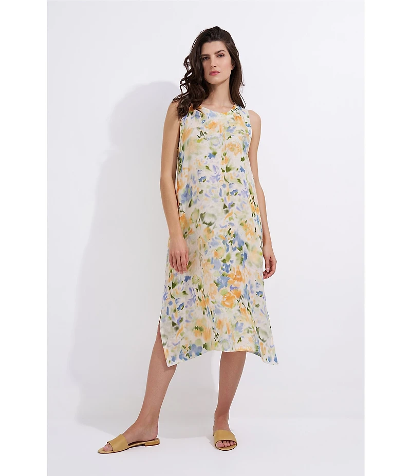 M Made In Italy Linen All Over Print Scoop Neck Sleeveless A-Line Midi Dress