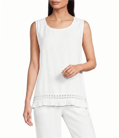 M Made in Italy Linen Blend Crew Neck Sleeveless Eyelet Trim Ruffle Hem Cami