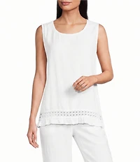 M Made in Italy Linen Blend Crew Neck Sleeveless Eyelet Trim Ruffle Hem Cami