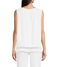 M Made in Italy Linen Blend Crew Neck Sleeveless Eyelet Trim Ruffle Hem Cami