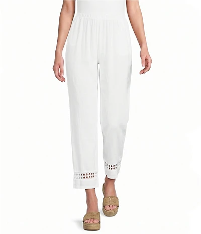 M Made in Italy Linen Blend Eyelet Lace Trim Tapered Leg Pull-On Pants