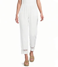 M Made in Italy Linen Blend Eyelet Lace Trim Tapered Leg Pull-On Pants