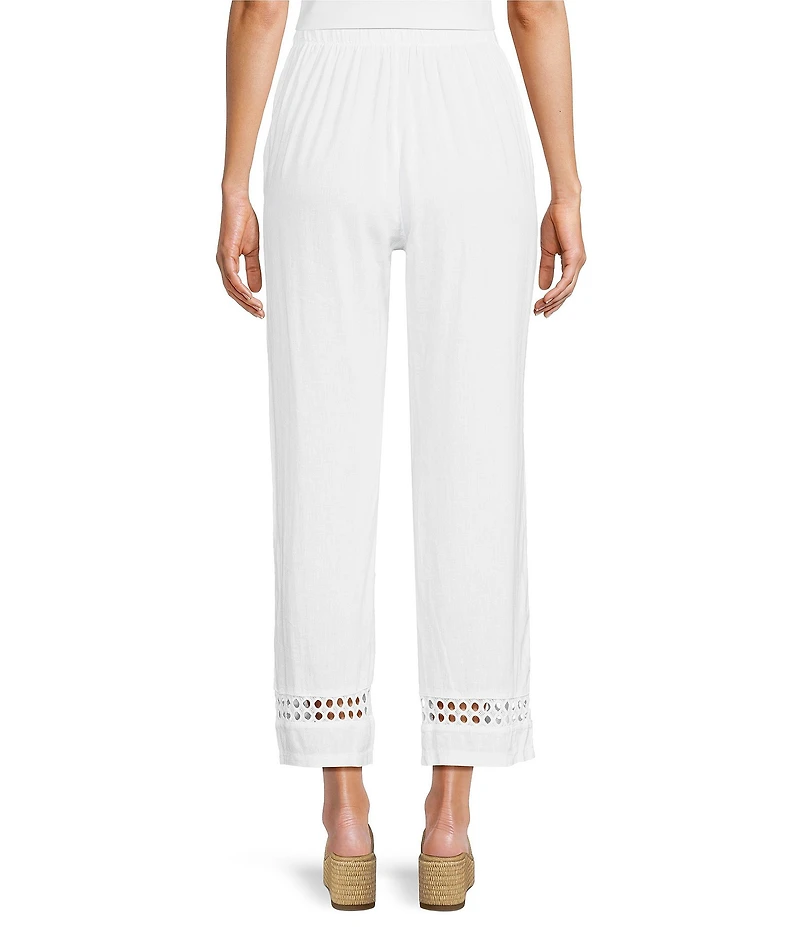 M Made in Italy Linen Blend Eyelet Lace Trim Tapered Leg Pull-On Pants
