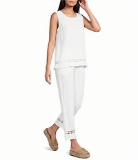 M Made in Italy Linen Blend Eyelet Lace Trim Tapered Leg Pull-On Pants
