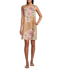 M Made In Italy Linen Blend Floral Crew Neck Sleeveless Shift Midi Dress