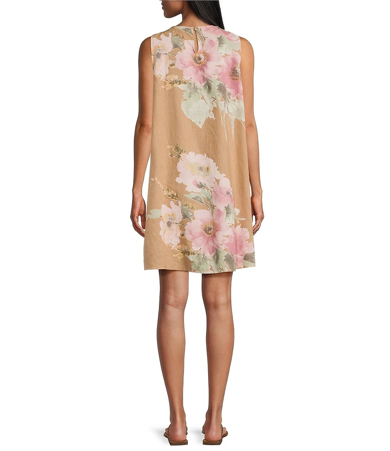 M Made In Italy Linen Blend Floral Crew Neck Sleeveless Shift Midi Dress