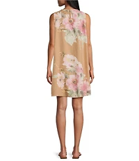 M Made In Italy Linen Blend Floral Crew Neck Sleeveless Shift Midi Dress