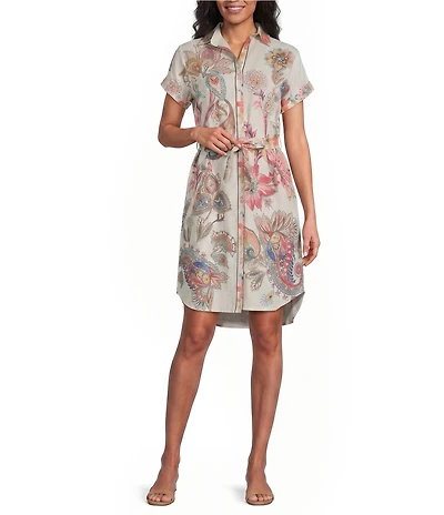 M Made In Italy Linen Blend Floral Point Collar Short Cuffed Sleeve Button Front Shirt Dress