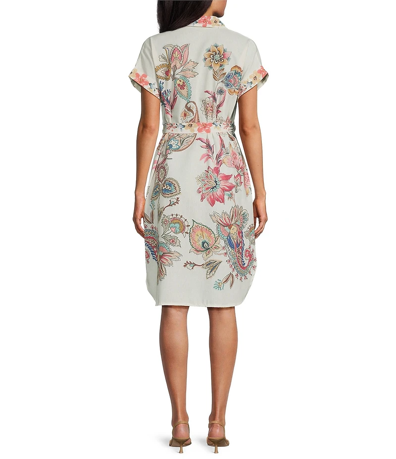 M Made In Italy Linen Blend Floral Point Collar Short Cuffed Sleeve Button Front Shirt Dress