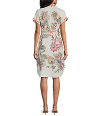 M Made In Italy Linen Blend Floral Point Collar Short Cuffed Sleeve Button Front Shirt Dress