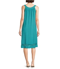M Made in Italy Linen Blend Halter Neck Sleeveless Lace Detailed Midi Shift Dress