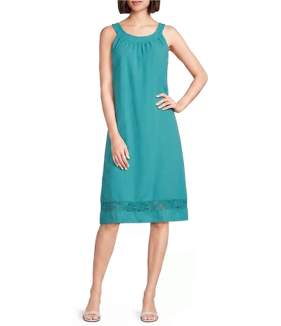 M Made in Italy Linen Blend Halter Neck Sleeveless Lace Detailed Midi Shift Dress