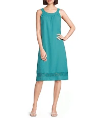 M Made in Italy Linen Blend Halter Neck Sleeveless Lace Detailed Midi Shift Dress