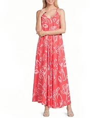 M Made in Italy Linen Blend Printed V-Neck Sleeveless Spaghetti Strap Maxi Slip Dress