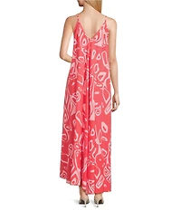 M Made in Italy Linen Blend Printed V-Neck Sleeveless Spaghetti Strap Maxi Slip Dress