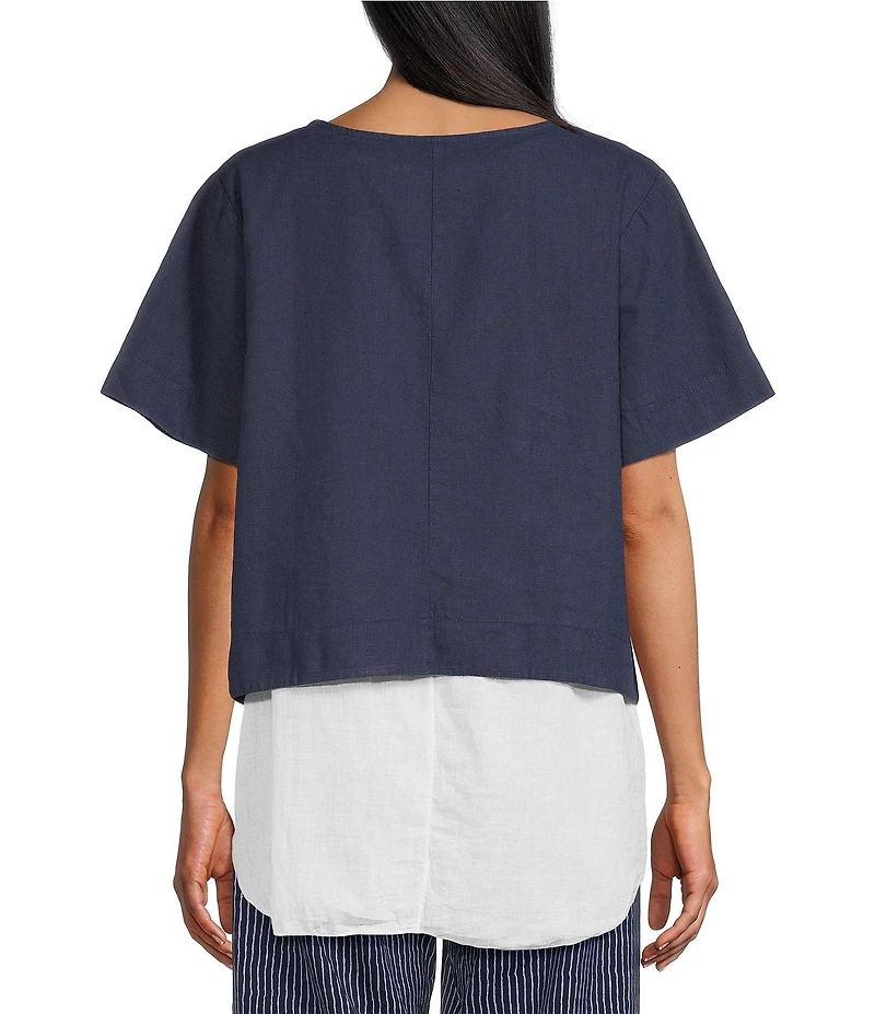 M Made in Italy Linen Blend Scoop Neck Short Sleeve Two Piece Layered Tunic
