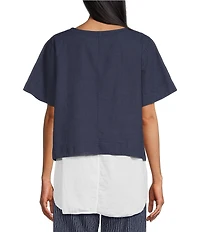M Made in Italy Linen Blend Scoop Neck Short Sleeve Two Piece Layered Tunic