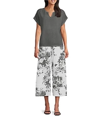 M Made in Italy Linen Blend Woven Textured Split V-Neck Short Bat Sleeve Gauze Trimmed Top