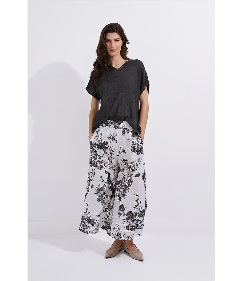 M Made in Italy Linen Blend Woven Textured Split V-Neck Short Bat Sleeve Gauze Trimmed Top