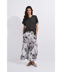 M Made in Italy Linen Blend Woven Textured Split V-Neck Short Bat Sleeve Gauze Trimmed Top