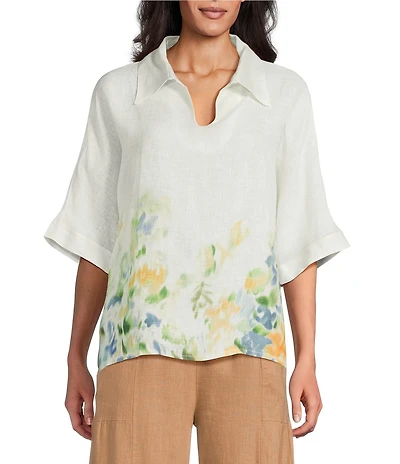 M Made In Italy Linen Border Print Johnny Collar Elbow Length Sleeve Cape Shirt