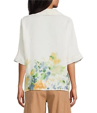 M Made In Italy Linen Border Print Johnny Collar Elbow Length Sleeve Cape Shirt