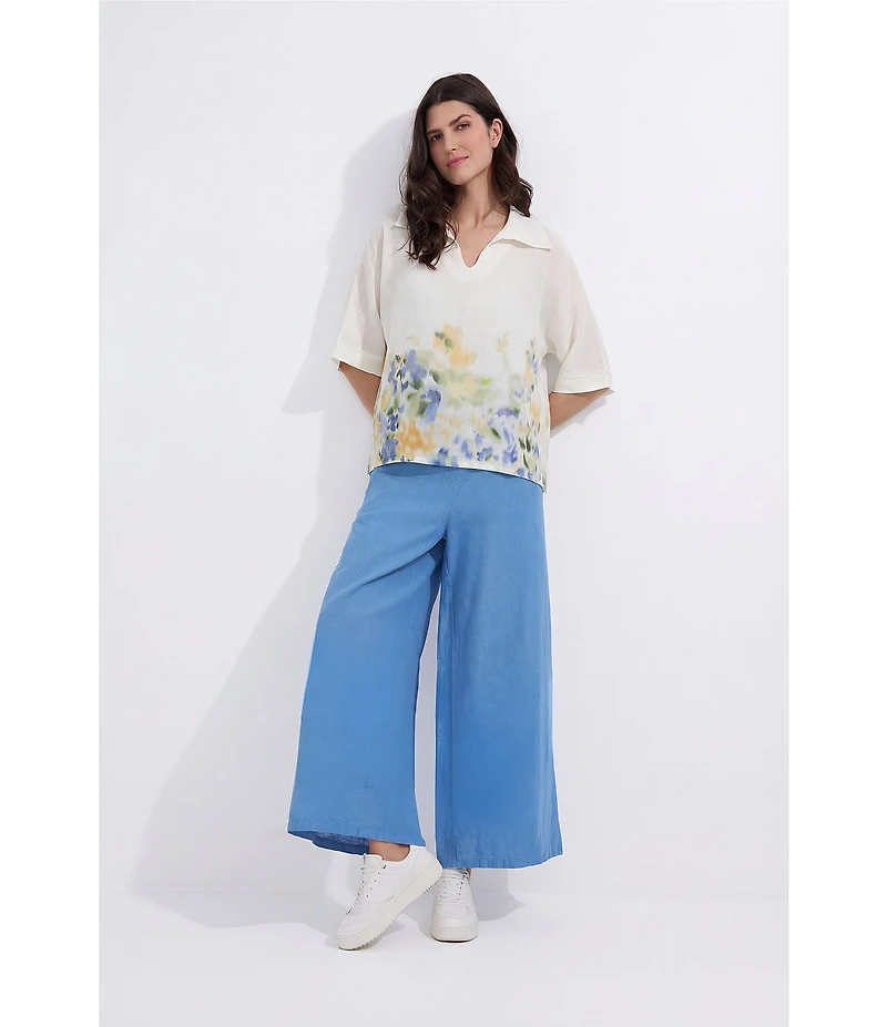 M Made In Italy Linen Border Print Johnny Collar Elbow Length Sleeve Cape Shirt