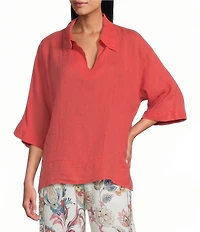 M Made In Italy Linen Johnny Collar Elbow Length Sleeve Cape Shirt