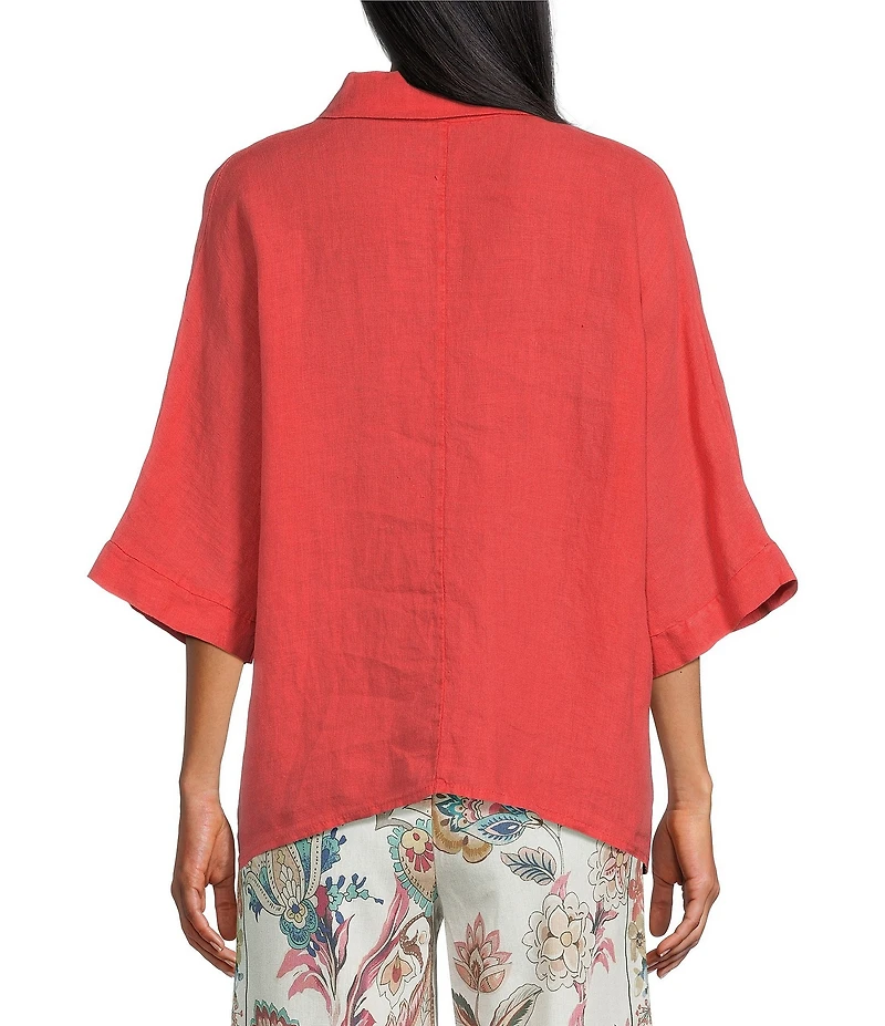 M Made In Italy Linen Johnny Collar Elbow Length Sleeve Cape Shirt
