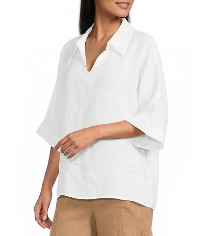 M Made In Italy Linen Johnny Collar Elbow Length Sleeve Cape Shirt