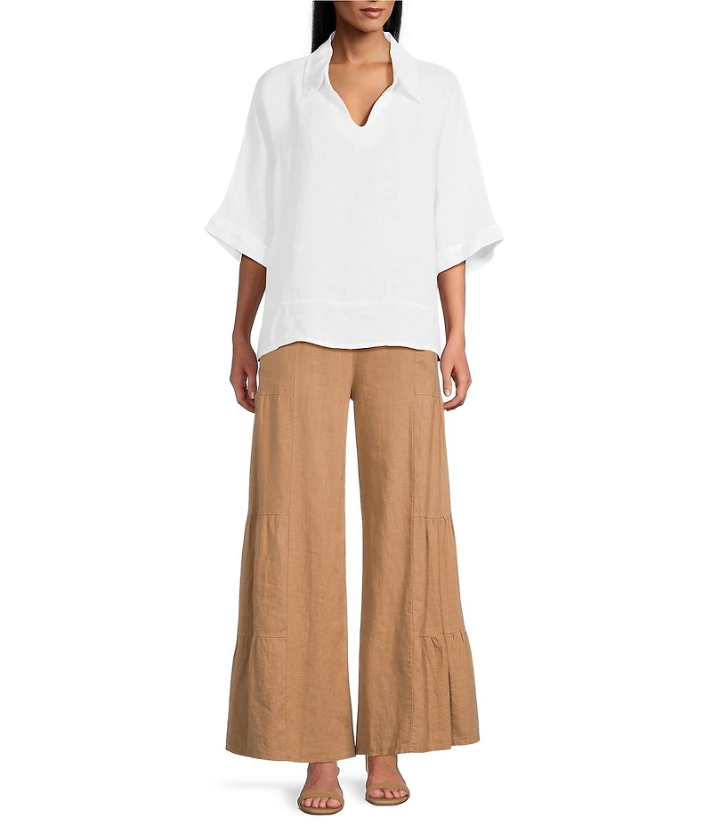 M Made In Italy Linen Johnny Collar Elbow Length Sleeve Cape Shirt