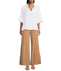 M Made In Italy Linen Johnny Collar Elbow Length Sleeve Cape Shirt