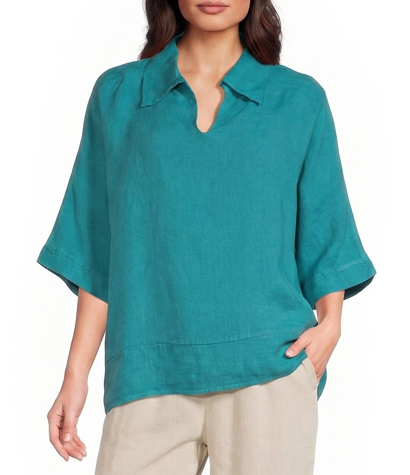 M Made In Italy Linen Johnny Collar Elbow Length Sleeve Cape Shirt