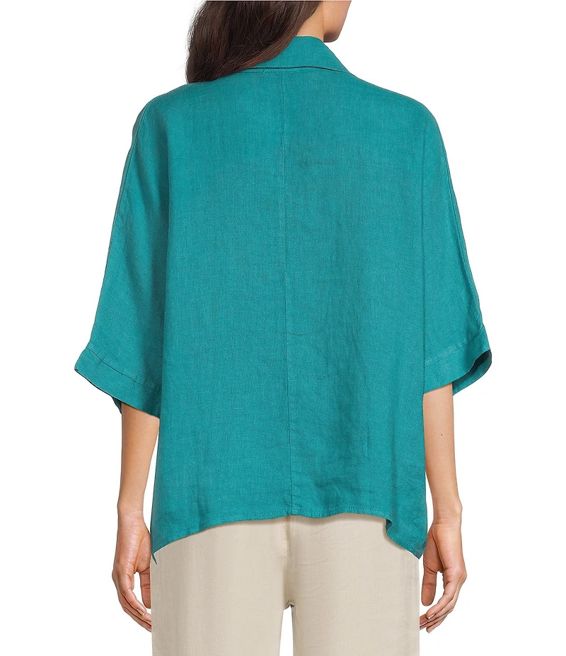 M Made In Italy Linen Johnny Collar Elbow Length Sleeve Cape Shirt