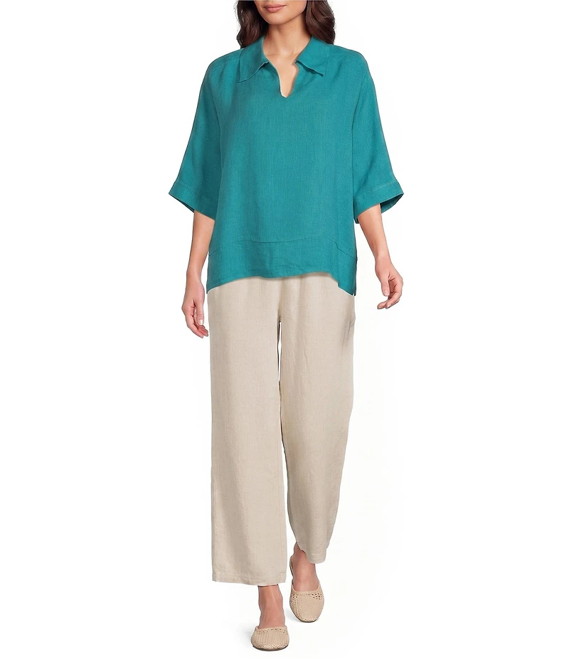 M Made In Italy Linen Johnny Collar Elbow Length Sleeve Cape Shirt