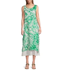 M Made in Italy Linen Paisley Scoop Neck Sleeveless Side Slit Layered Midi Shift Dress