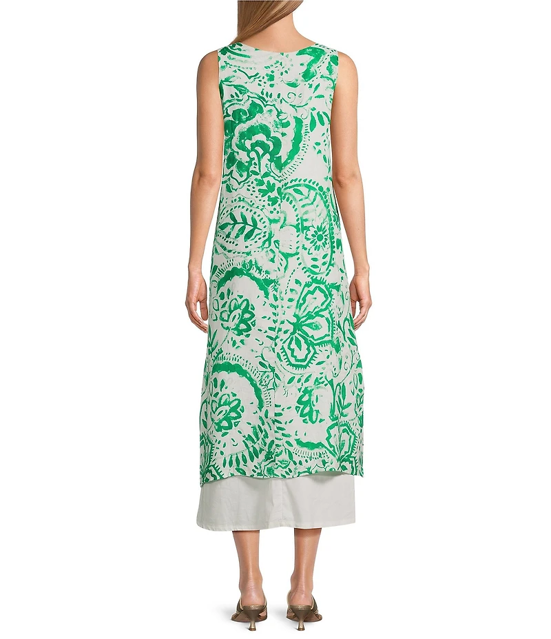 M Made in Italy Linen Paisley Scoop Neck Sleeveless Side Slit Layered Midi Shift Dress