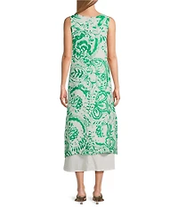 M Made in Italy Linen Paisley Scoop Neck Sleeveless Side Slit Layered Midi Shift Dress