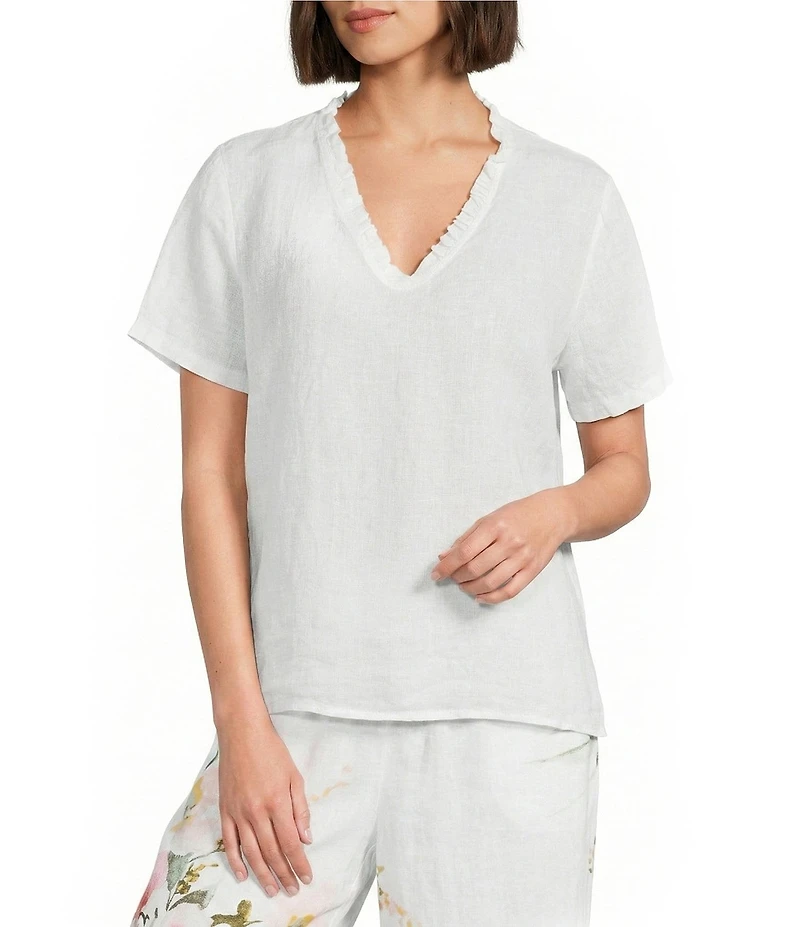 M Made In Italy Linen Ruffle V-Neck Short Sleeve High-Low Top