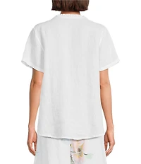 M Made In Italy Linen Ruffle V-Neck Short Sleeve High-Low Top