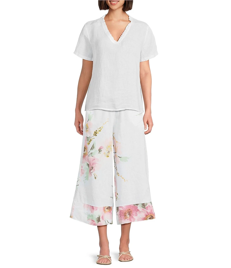 M Made In Italy Linen Ruffle V-Neck Short Sleeve High-Low Top