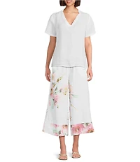 M Made In Italy Linen Ruffle V-Neck Short Sleeve High-Low Top