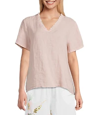 M Made In Italy Linen Ruffle V-Neck Short Sleeve High-Low Top