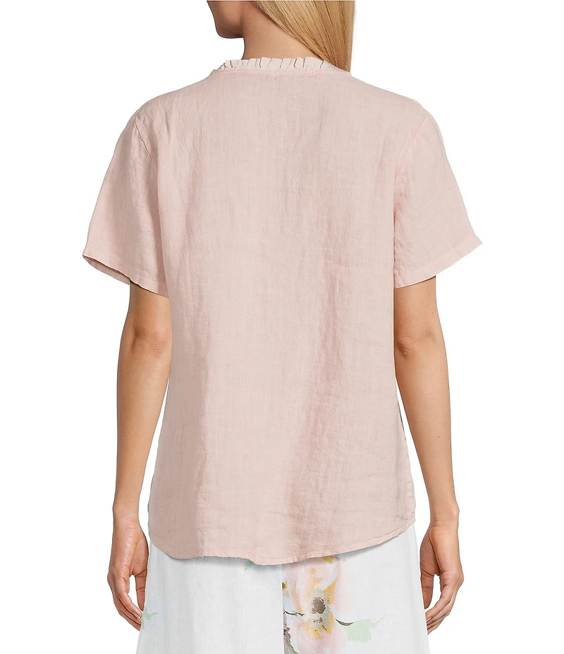 M Made In Italy Linen Ruffle V-Neck Short Sleeve High-Low Top