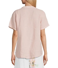 M Made In Italy Linen Ruffle V-Neck Short Sleeve High-Low Top